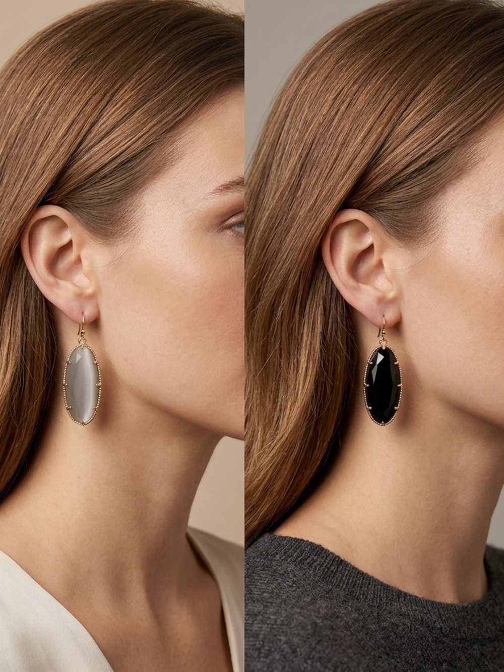 (2) 14th & Union gold-toned faceted oval drop earrings black and grey stones SET